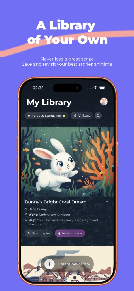 My Library with story cards, Voices, and Create new story