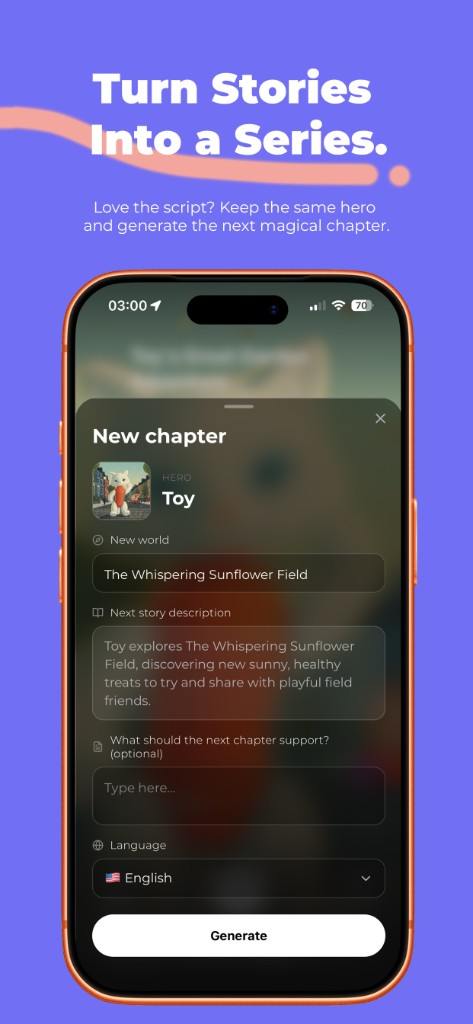New chapter sheet: same hero, new world and story description, Generate