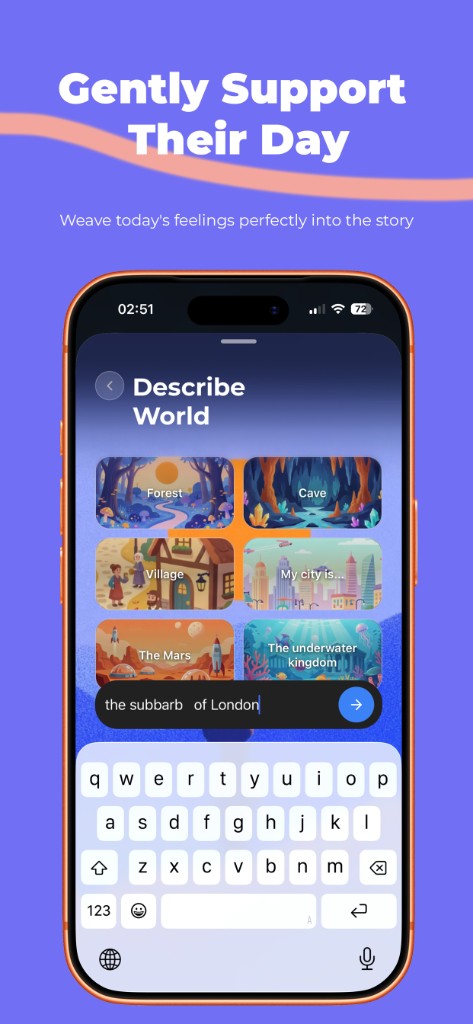 Story creation with world choices and optional emotional support for the tale
