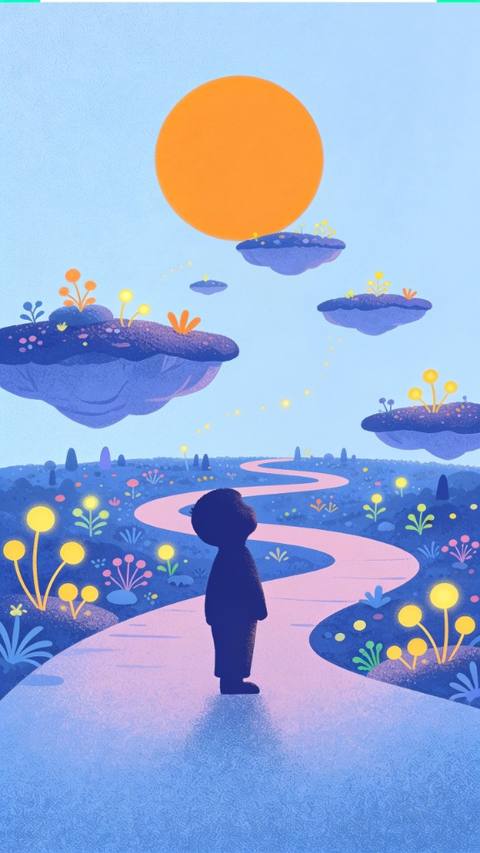 Imagined story world with floating islands and a glowing path