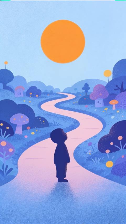 Imagined story world with mushrooms and a winding path