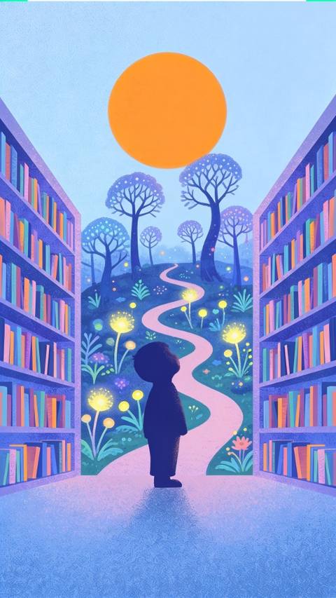 Imagined story world framed by bookshelves and a magical forest path