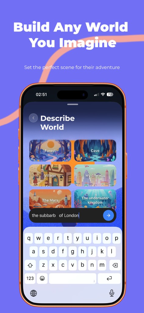 Describe World screen with illustrated world tiles and custom place text